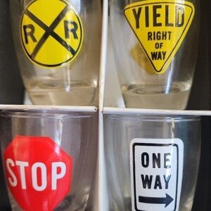Anchor Hocking Vintage Road Sign Shot Glasses Stop RR Crossing (4) IN BOX, EUC